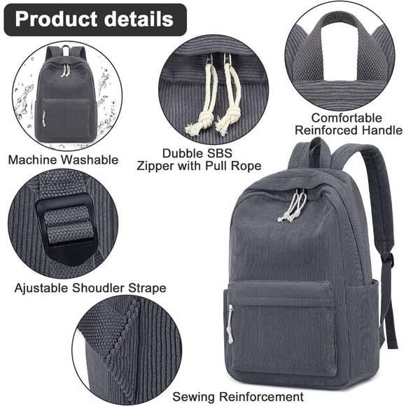 17'' Women Large Lightweight Laptop Casual High Corduroy School Bag - Picture 5 of 9